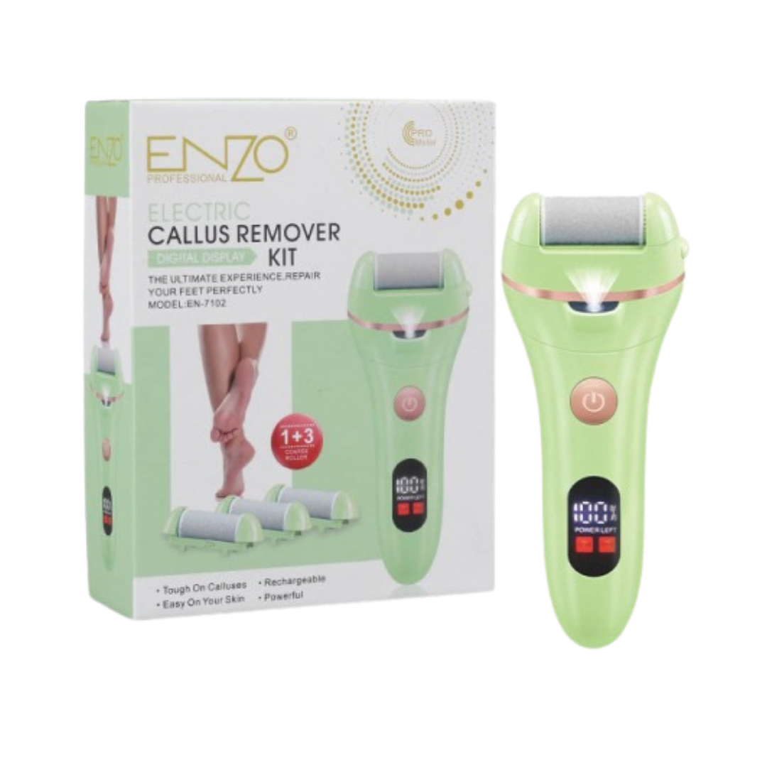 ENZO electric callus remover kit with green handheld device, digital display, charging base, and retail box packaging