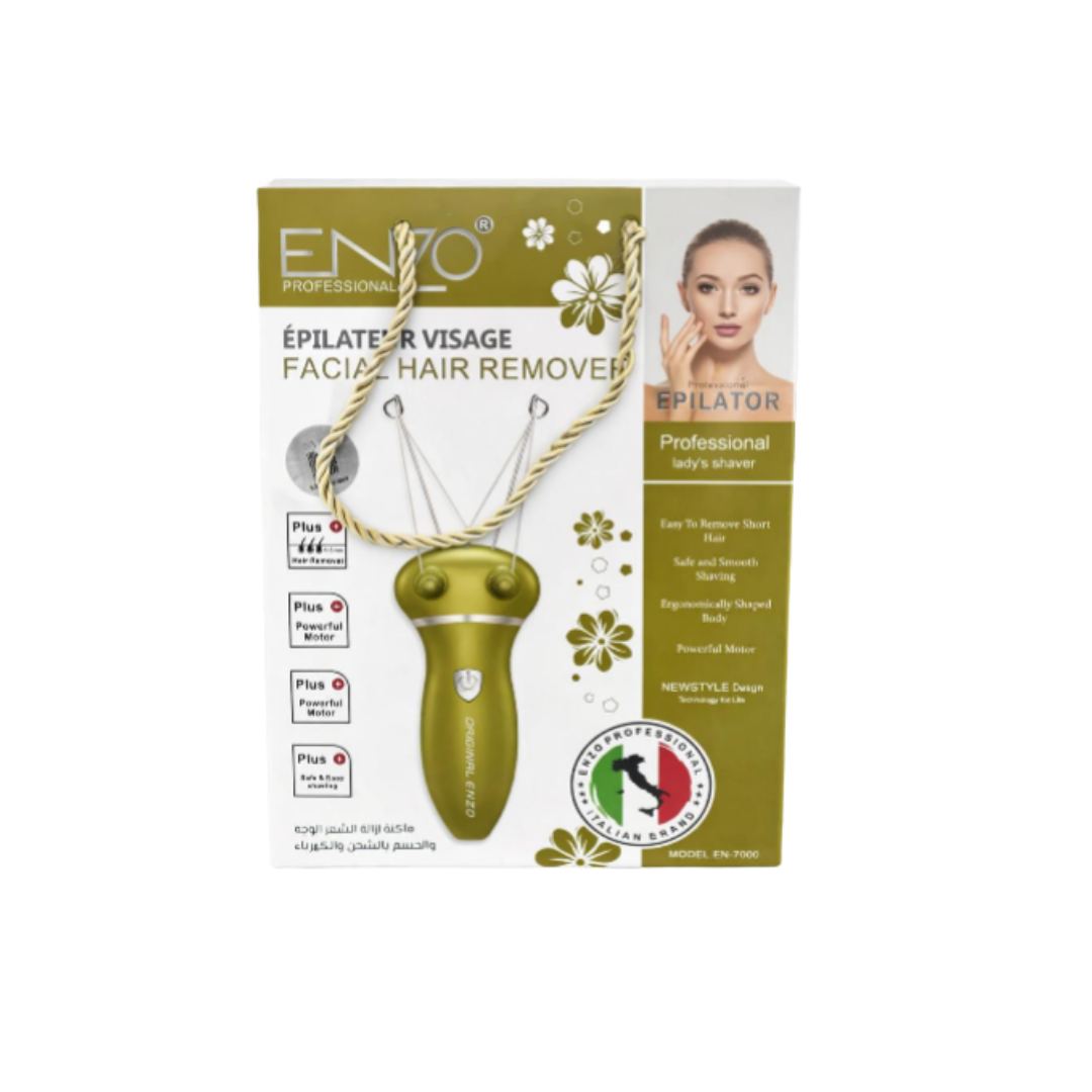 ENZO Professional facial hair remover epilator device with threading design, lady’s shaver kit with box packaging.
