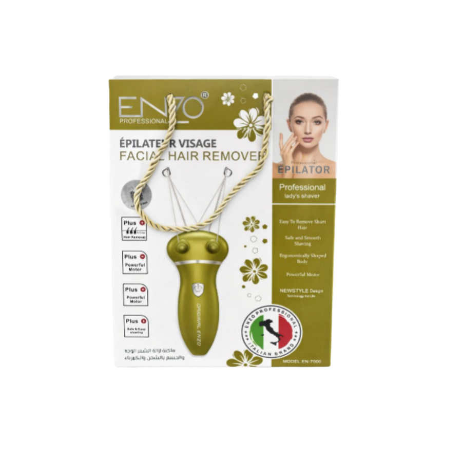 ENZO Professional facial hair remover epilator device with threading design, lady’s shaver kit with box packaging.