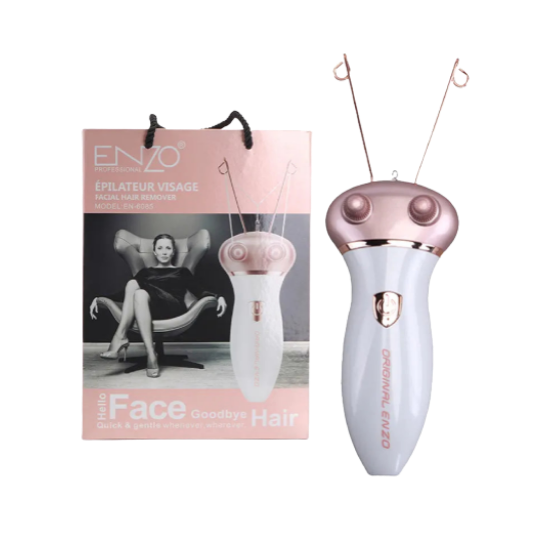 ENZO Professional facial hair remover threading device, white and rose gold handheld unit with retail box included
