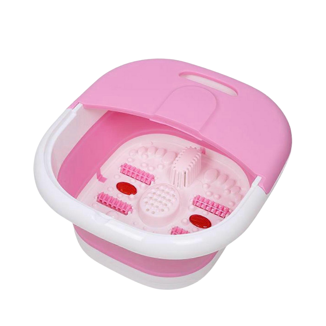 ENZO folding foot bath, plastic collapsible foot soak basin, pink and white design, portable home use.