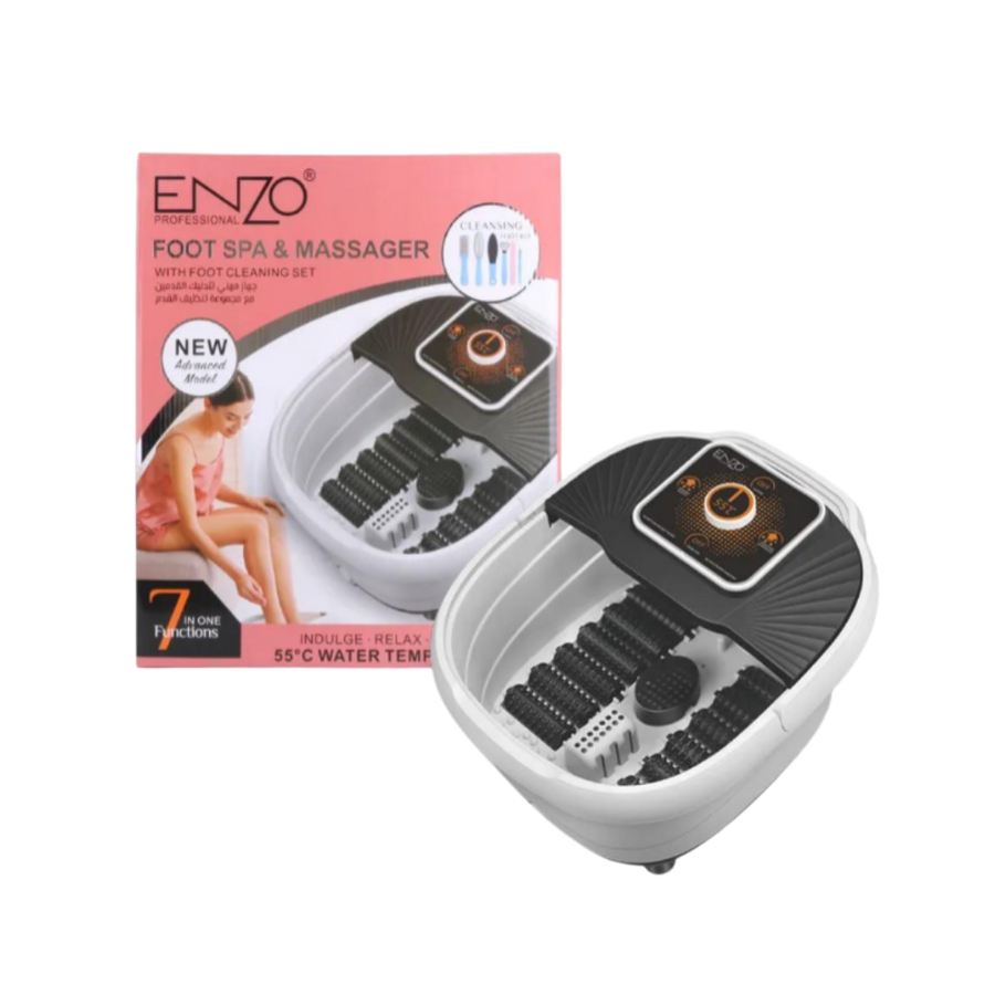 Enzo Professional Foot Spa & Massager with foot cleaning set, 7-in-1 functions, 55°C water temperature.
