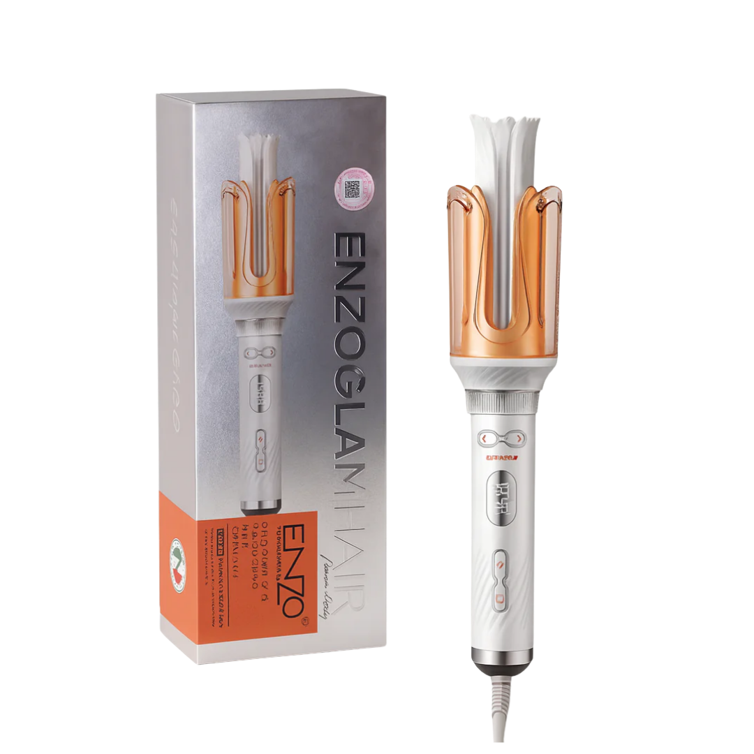 ENZO Glam Hair Curler, featuring a white and rose gold design, with a sleek ergonomic handle and box packaging.
