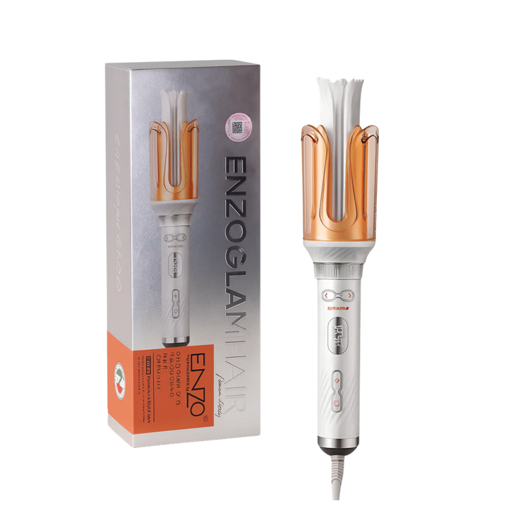 ENZO Glam Hair Curler, featuring a white and rose gold design, with a sleek ergonomic handle and box packaging.
