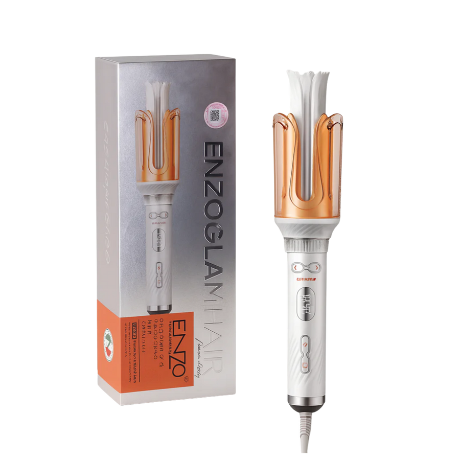 ENZO Glam Hair Curler, featuring a white and rose gold design, with a sleek ergonomic handle and box packaging.
