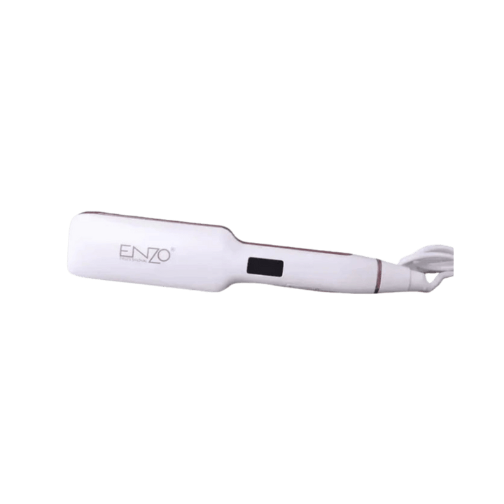 ENZO white ceramic hair straightener with black digital display and attached power cord