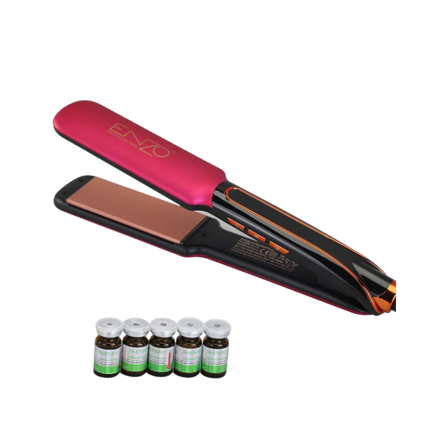 ENZO professional hair straightener flat iron, red and black ceramic plates, with small treatment ampoules set.