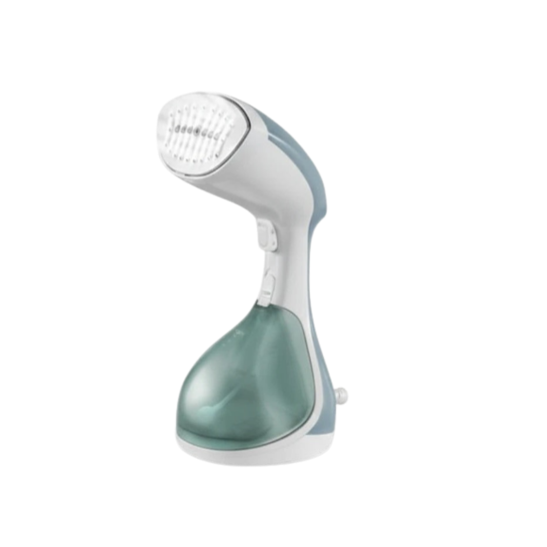 Handheld garment steamer with brush head, white and teal design, portable clothing steam iron.