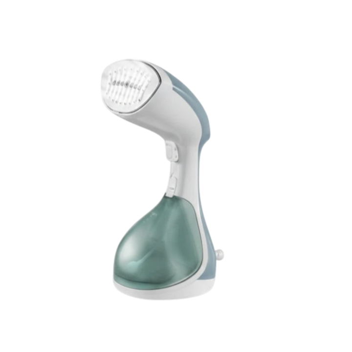 Handheld garment steamer with brush head, white and teal design, portable clothing steam iron.