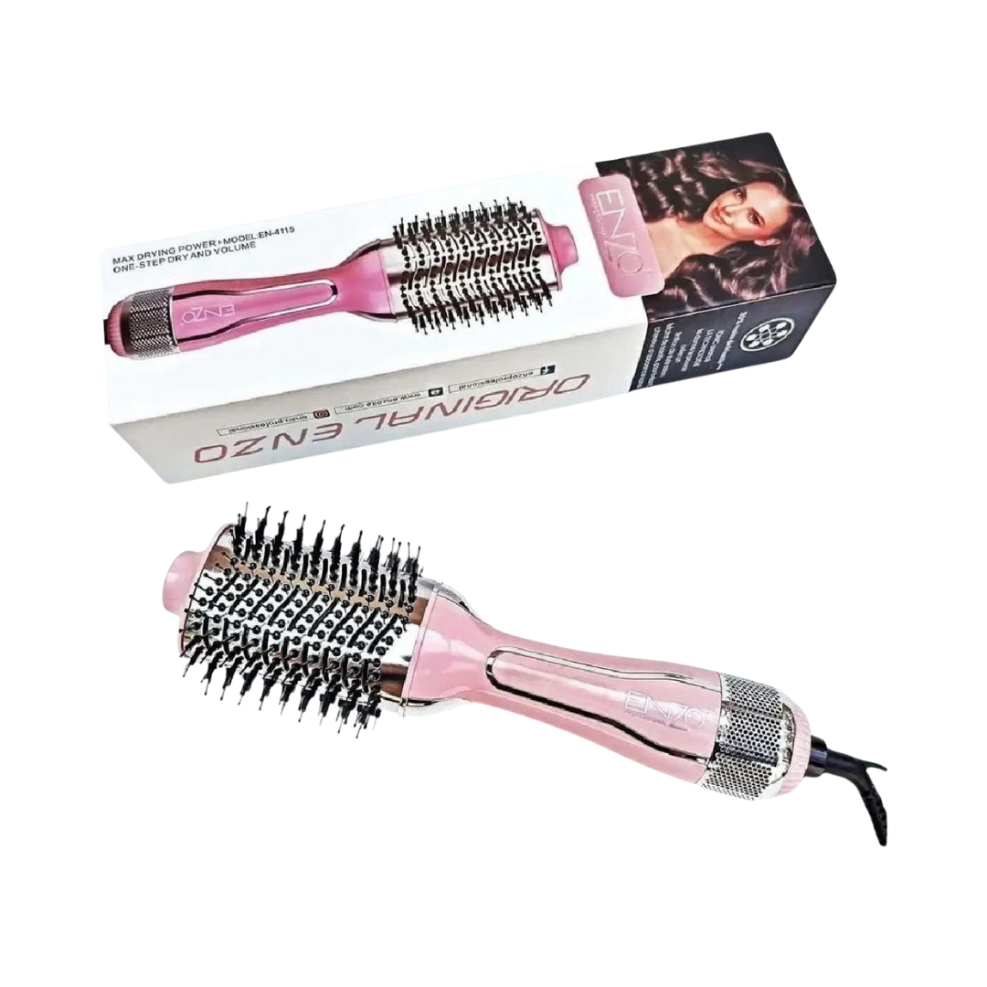 ENZO Original hair styling brush, pink color, with a round brush head for drying and volumizing hair.