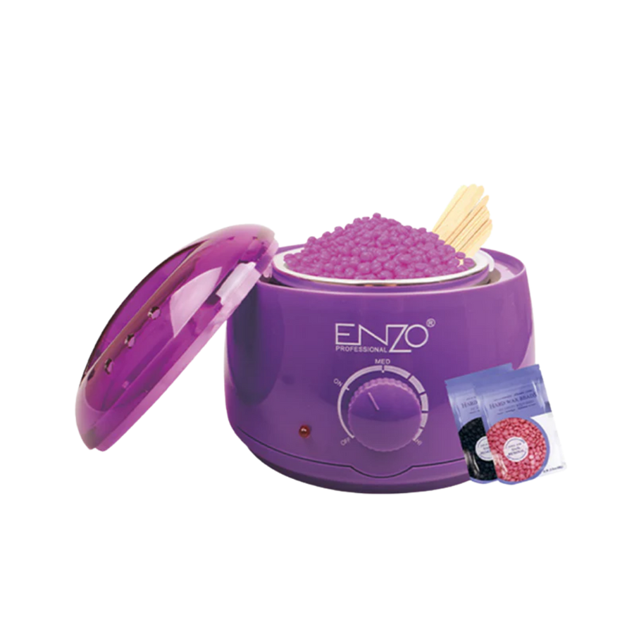 ENZO Professional wax heater pot, purple electric warmer with wax beads, wooden spatulas, and control dial
