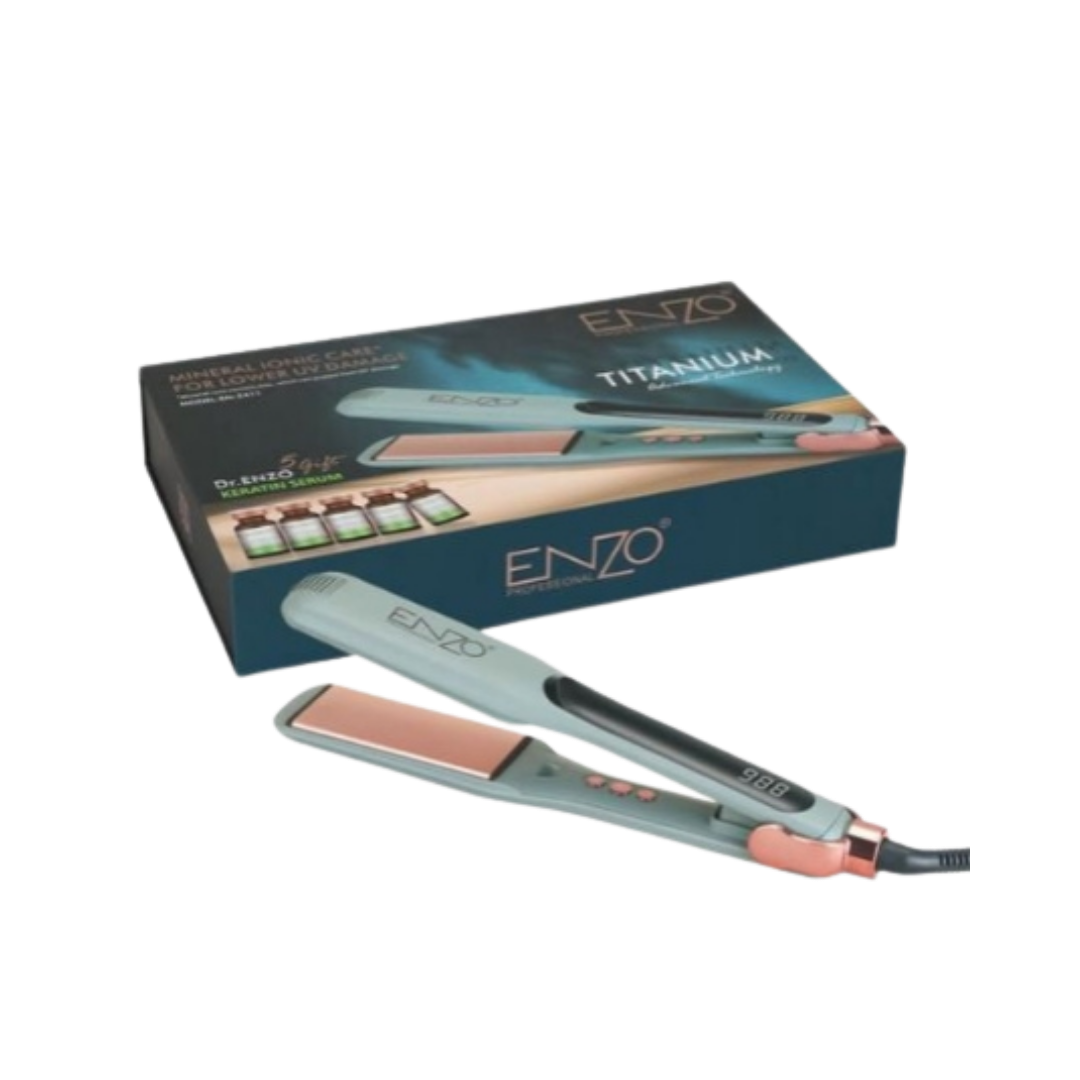 ENZO Professional Iconic titanium hair straightener with digital display and 5 keratin serum, boxed set.
