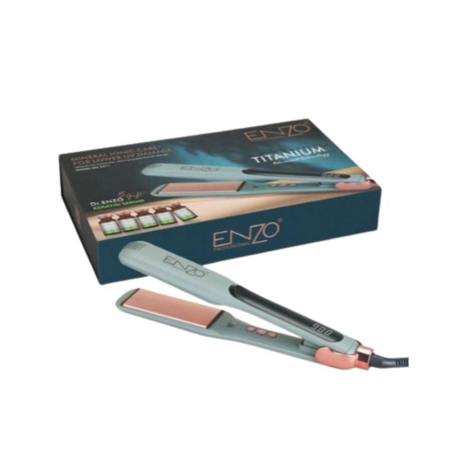 ENZO Professional Iconic titanium hair straightener with digital display and 5 keratin serum, boxed set.
