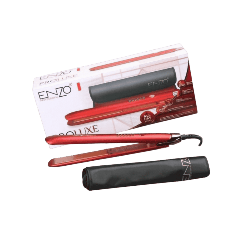 ENZO Professional Deluxe red hair straightener with black heat pouch and matching product box