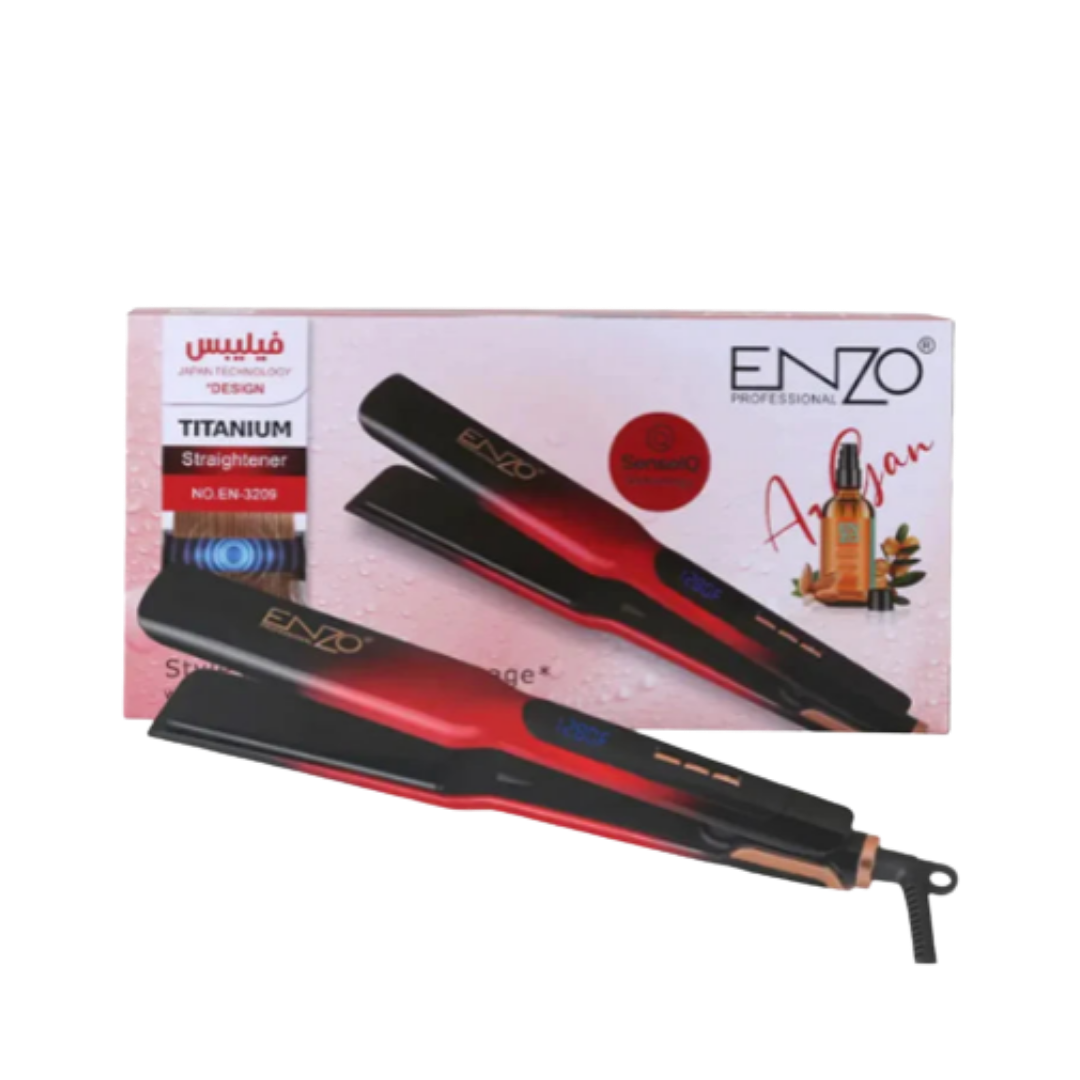 ENZO Professional titanium hair straightener, black and red flat iron, argan oil packaging box included
