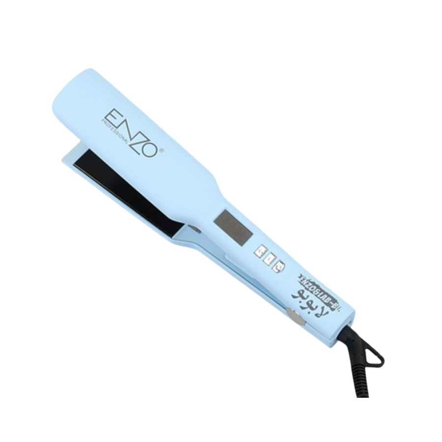 ENZO professional hair straightener, blue color, with adjustable temperature and digital display, 33 cm in size.