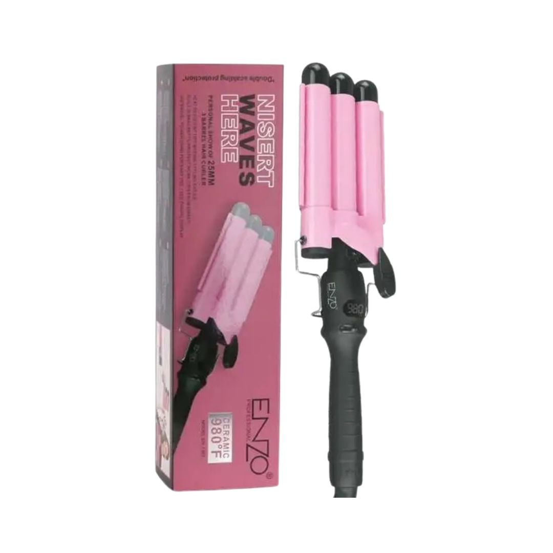 ENZO triple barrel hair waver with pink barrels, black handle, boxed packaging displayed