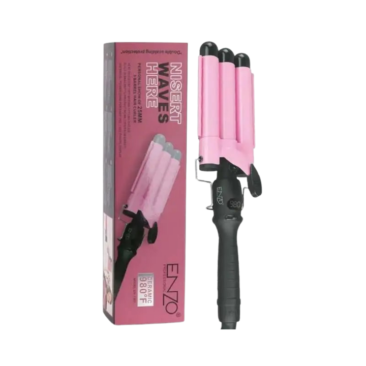 ENZO triple barrel hair waver with pink barrels, black handle, boxed packaging displayed