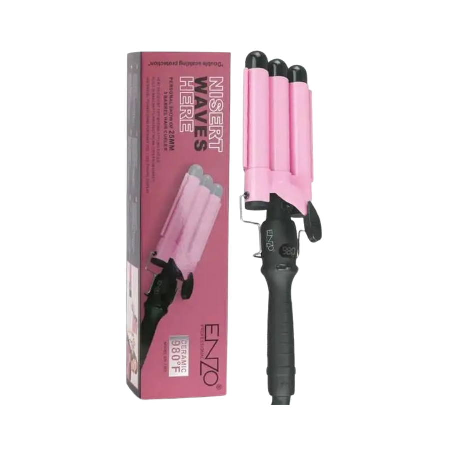 ENZO triple barrel hair waver with pink barrels, black handle, boxed packaging displayed