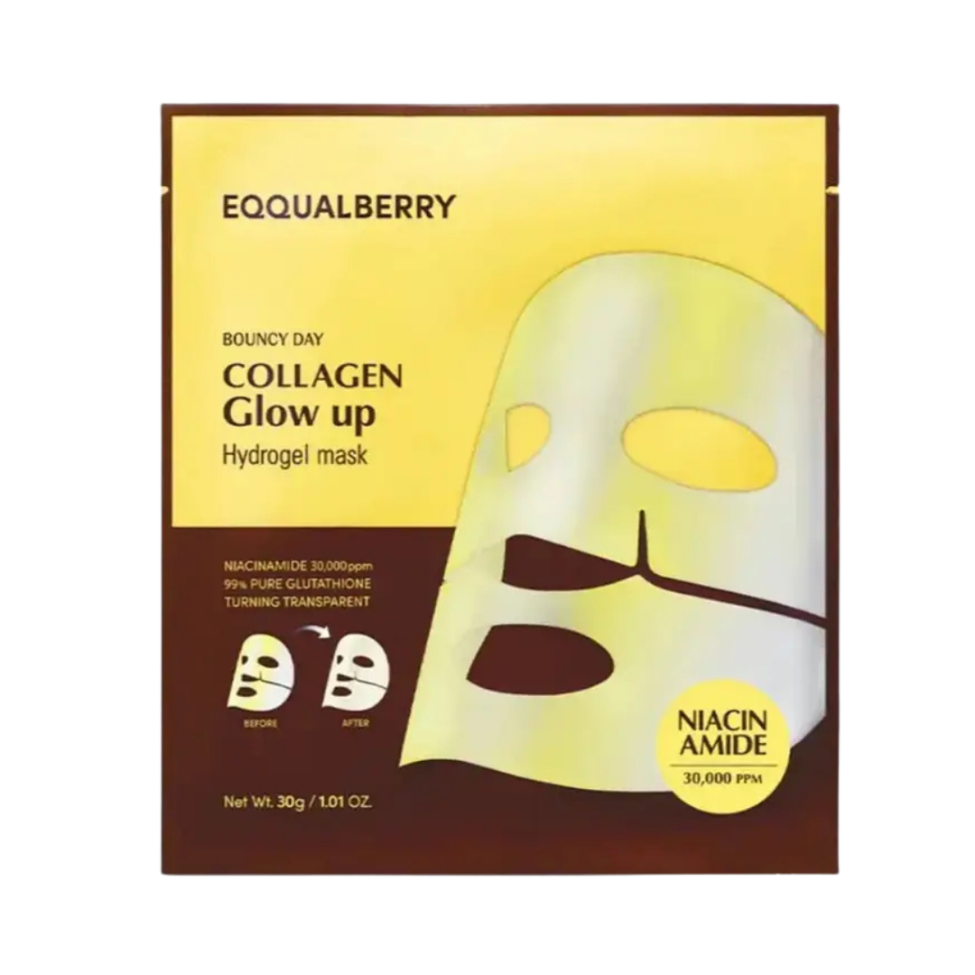 EQQUALBERRY Collagen Glow Up Hydrogel Mask, 30g, with Niacinamide 30,000ppm and Glutathione, in yellow and brown packaging.