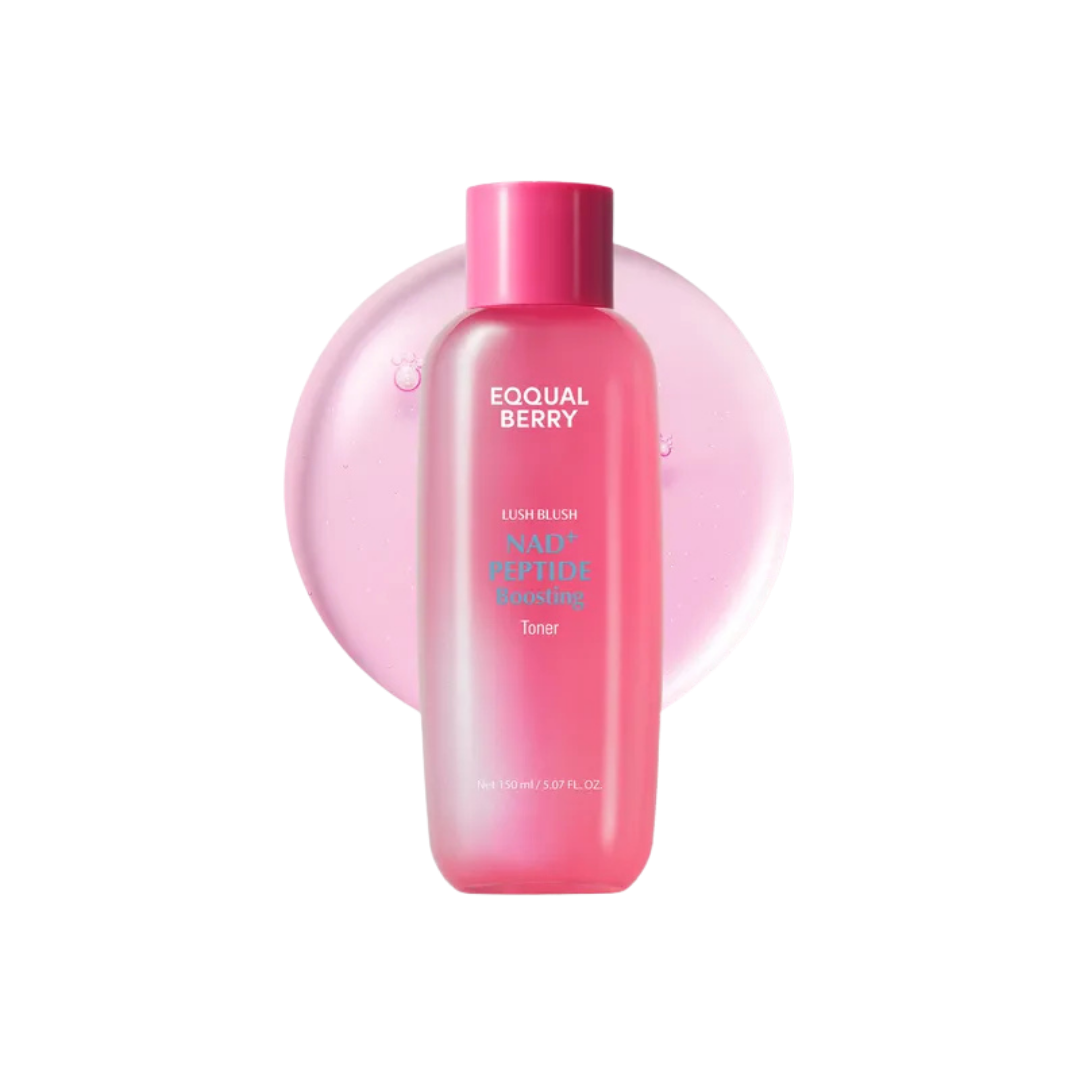 EQQUALBERRY Lush Blush NAD+ Peptide Boosting Toner, 150ml, pink bottle with matching cap and gel backdrop.