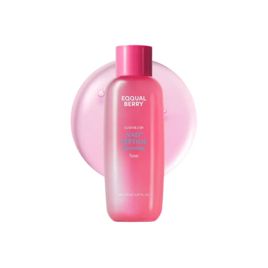 EQQUALBERRY Lush Blush NAD+ Peptide Boosting Toner, 150ml, pink bottle with matching cap and gel backdrop.