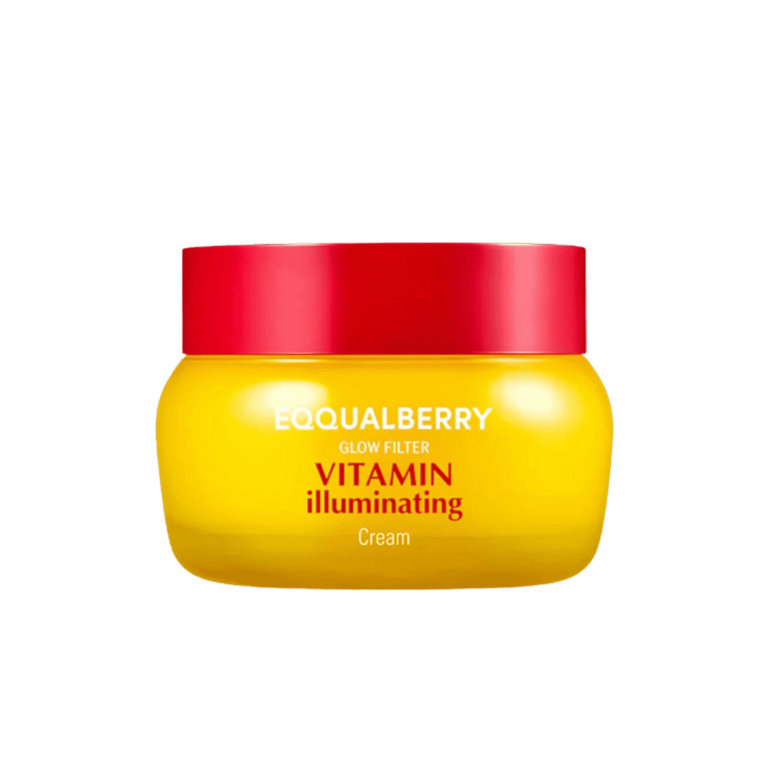 EQQUALBERRY Glow Filter Vitamin Illuminating Cream, yellow jar with red lid and white/red lettering.