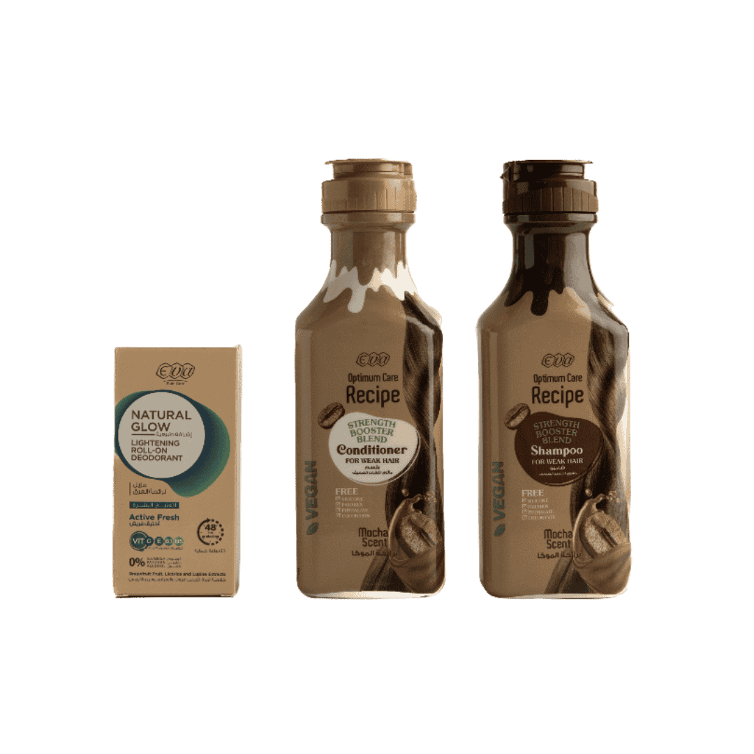 Eva Optimum Care Strength Booster Blend Shampoo and Conditioner for weak hair, both with a mocha scent and vegan-friendly. Also, Eva Natural Glow Lightening Roll-On Deodorant with Active Fresh scent, offering 48-hour protection.
