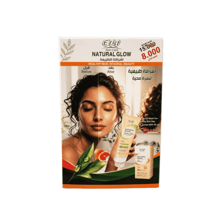 Eva Skin Care Natural Glow set box with facial wash, SPF 30 day cream, and price sticker