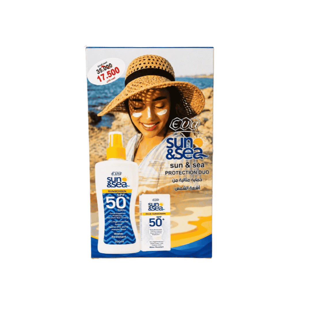 Eva Sun & Sea Protection Duo SPF 50+ sunscreen set, box with spray and face sunscreen images.