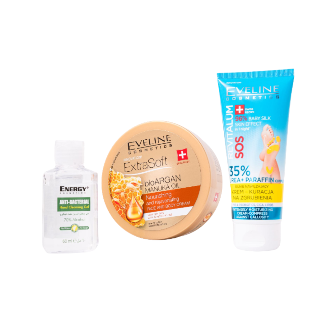 Eveline Cosmetics SOS Revitalum 35% Urea foot cream and Extra Soft BioArgan Manuka Oil face and body cream set with hand cleansing gel packaging