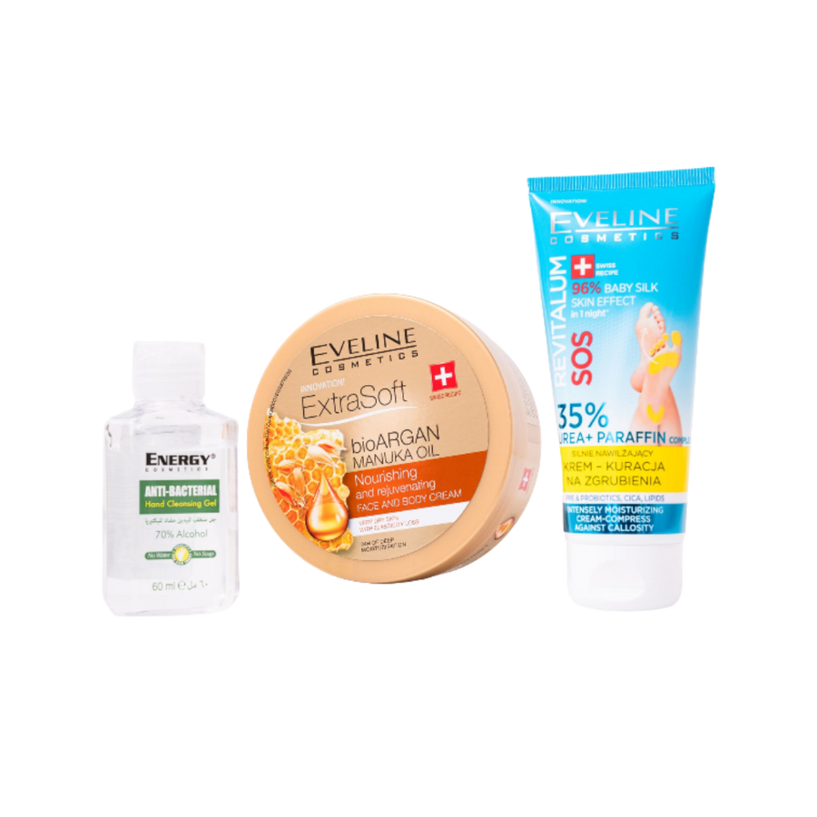 Eveline Cosmetics SOS Revitalum 35% Urea foot cream and Extra Soft BioArgan Manuka Oil face and body cream set with hand cleansing gel packaging