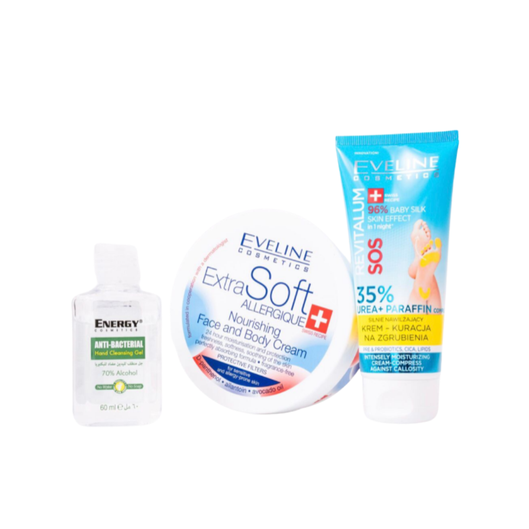 Eveline Cosmetics SOS Revitalum 35% Urea foot cream and Extra Soft nourishing face and body cream set with hand cleansing gel packaging