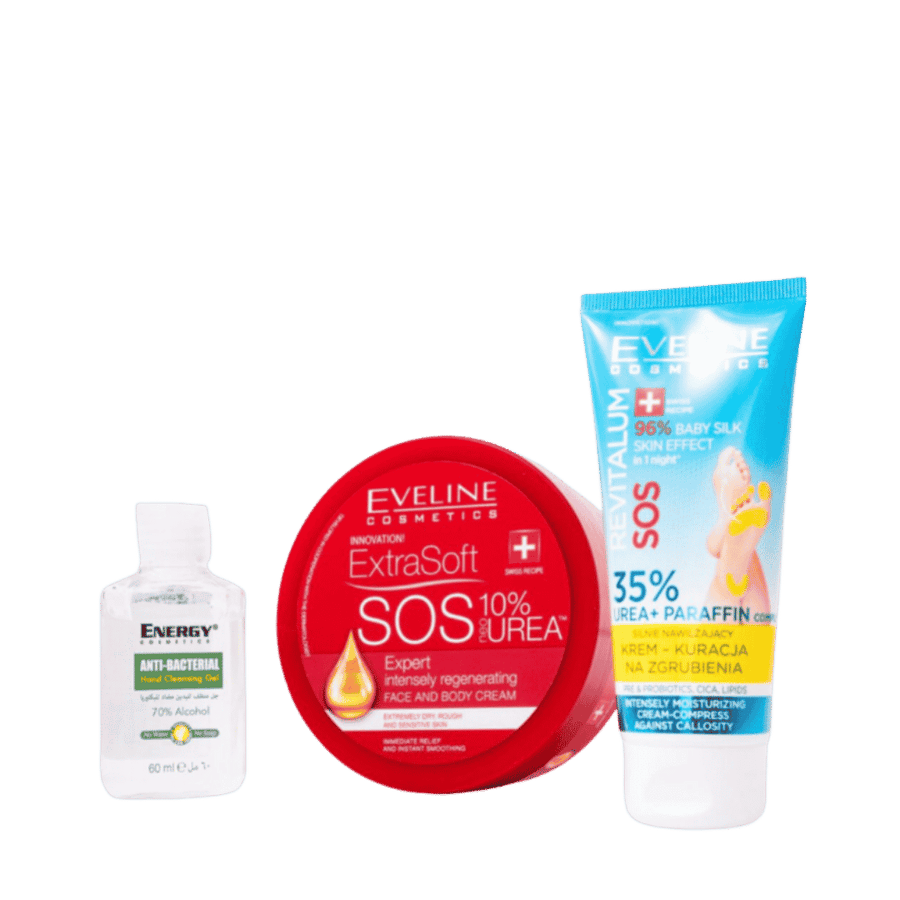 Eveline Set Cracked 35% Urea cream set with SOS foot cream, Extra Soft cream, and Energy hand gel 60ml