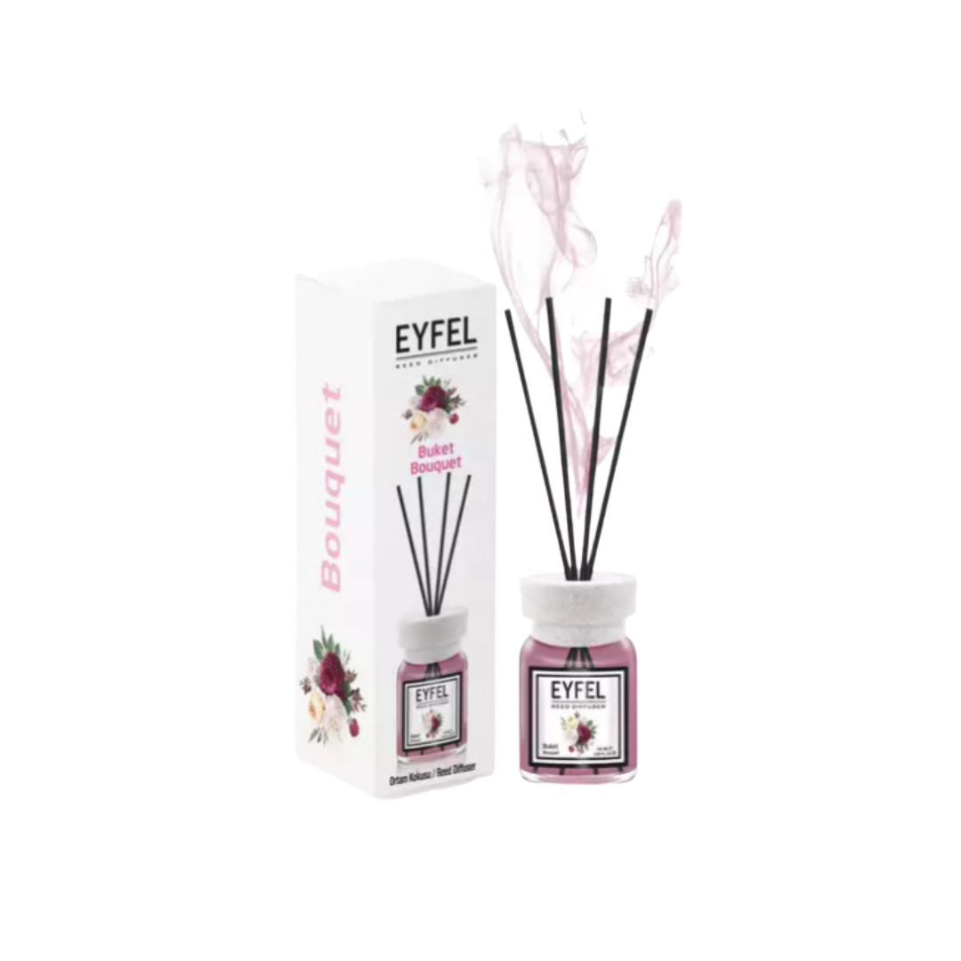 Eyfel Bouquet reed diffuser bottle with black reeds, pink liquid, glass container, matching outer box.