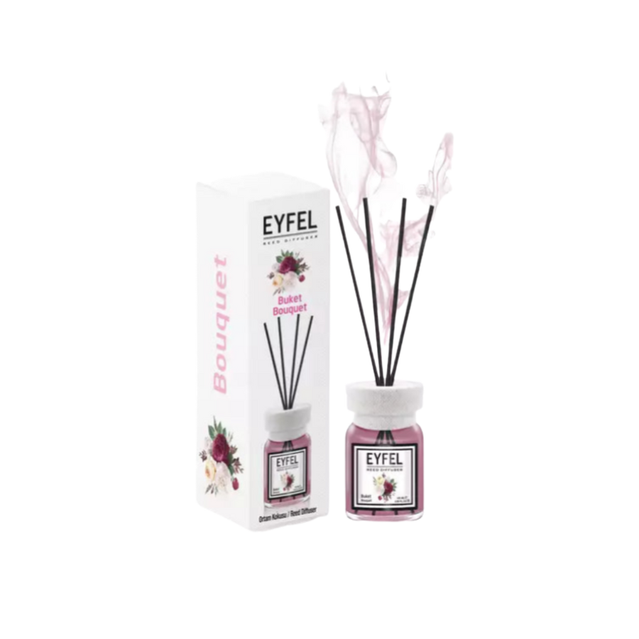 Eyfel Bouquet reed diffuser bottle with black reeds, pink liquid, glass container, matching outer box.