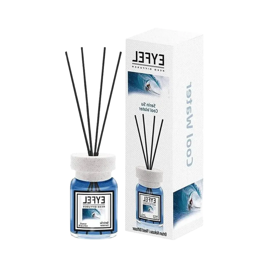 Eyfel Reed Diffuser Cool Water fragrance blue glass bottle with black reeds and matching box
