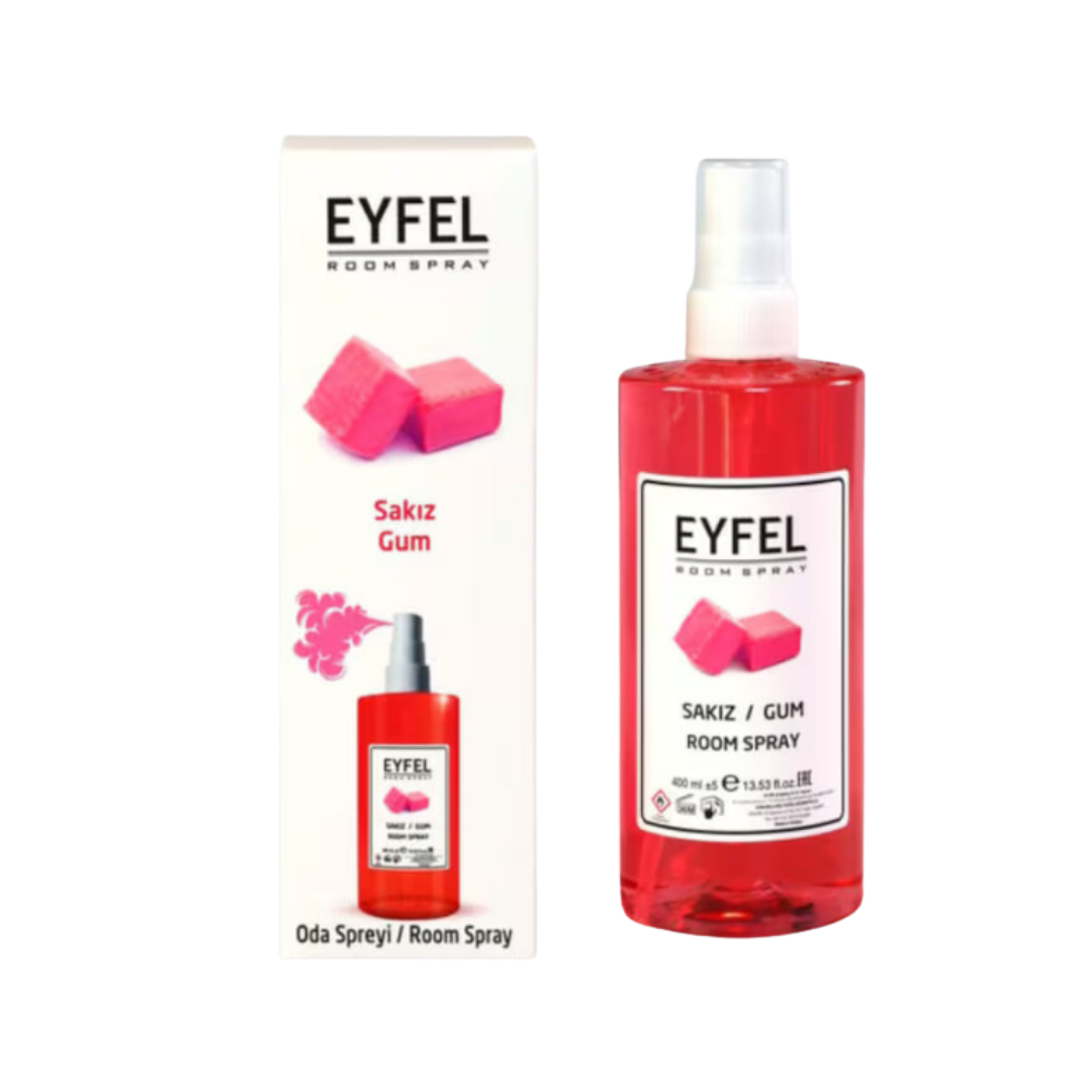 The image shows a bottle of Eyfel Room Spray with the scent Sakiz Gum (Chewing Gum). The packaging includes a 400 ml bottle and is labeled in both Turkish and English. The room spray is designed to freshen the air with a gum-like scent.