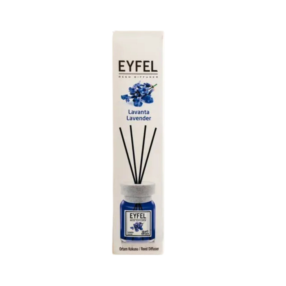 Eyfel Lavender Reed Diffuser, 120ml, with black reeds, packaged in a white box with lavender design.
