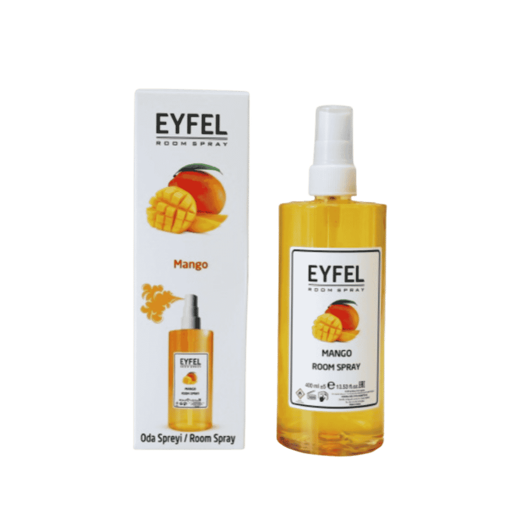 EYFEL Mango room spray, yellow 400ml bottle with white box and mango graphics