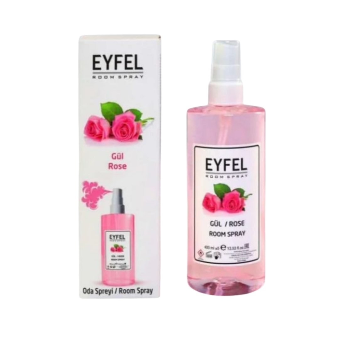 EYFEL Rose Room Spray 400ml pink spray bottle with white box and rose graphics