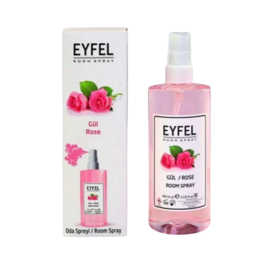 EYFEL Rose Room Spray 400ml pink spray bottle with white box and rose graphics