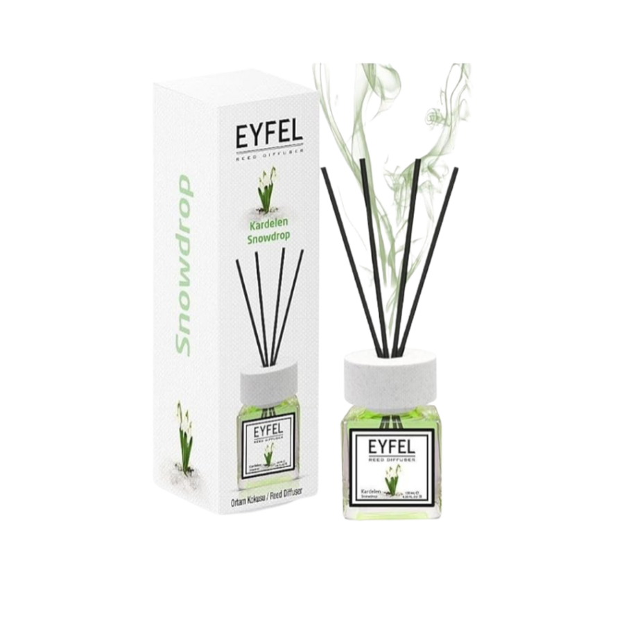 Eyfel Snowdrop reed diffuser bottle with black reeds, glass container, matching branded outer box.