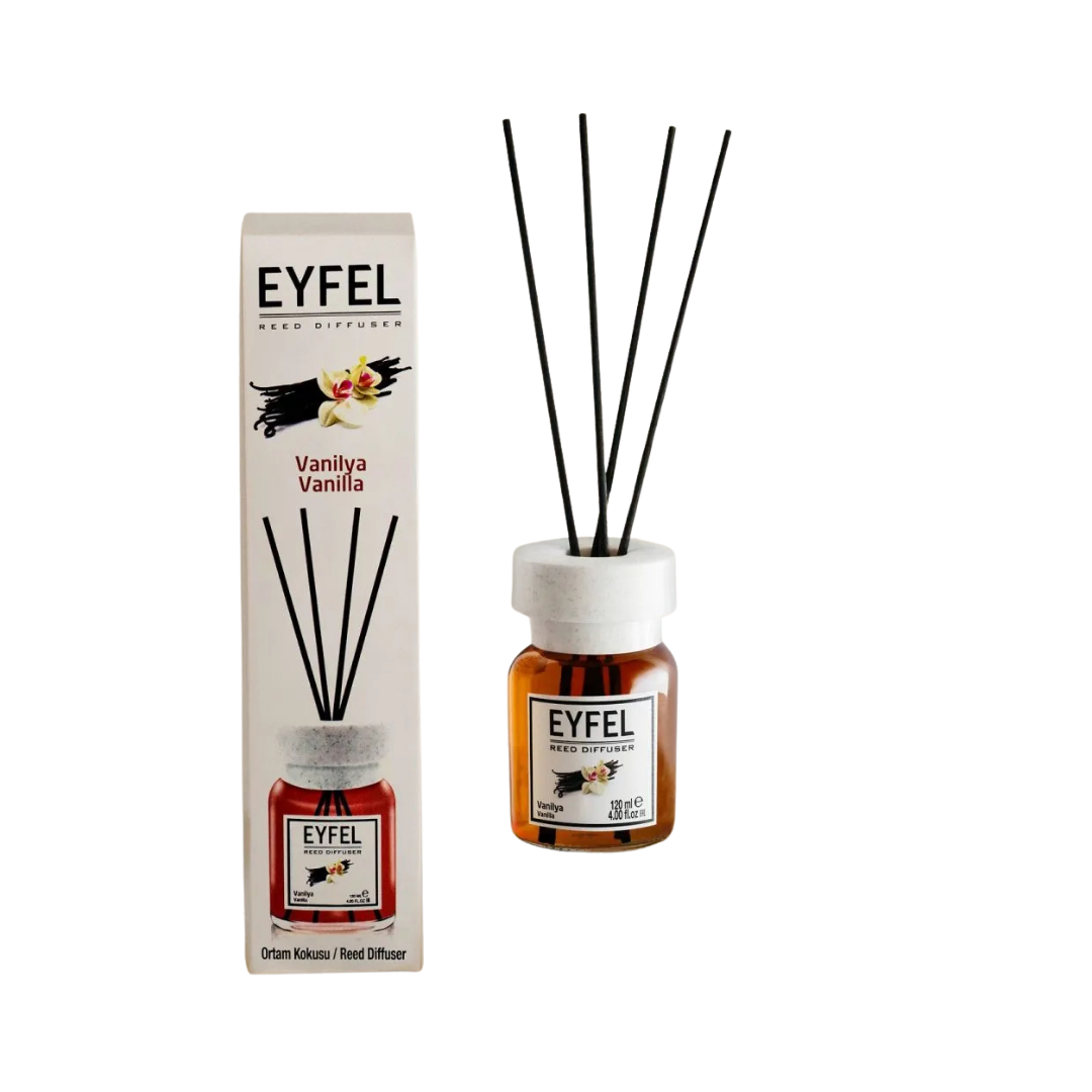 Eyfel Vanilla reed diffuser 120 ml glass bottle with black diffuser sticks and branded retail box