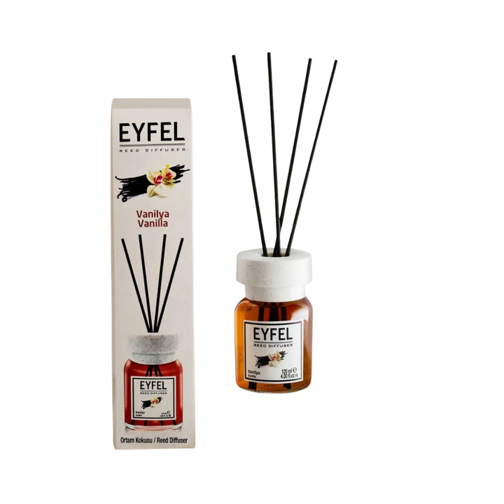 Eyfel Vanilla reed diffuser 120 ml glass bottle with black diffuser sticks and branded retail box