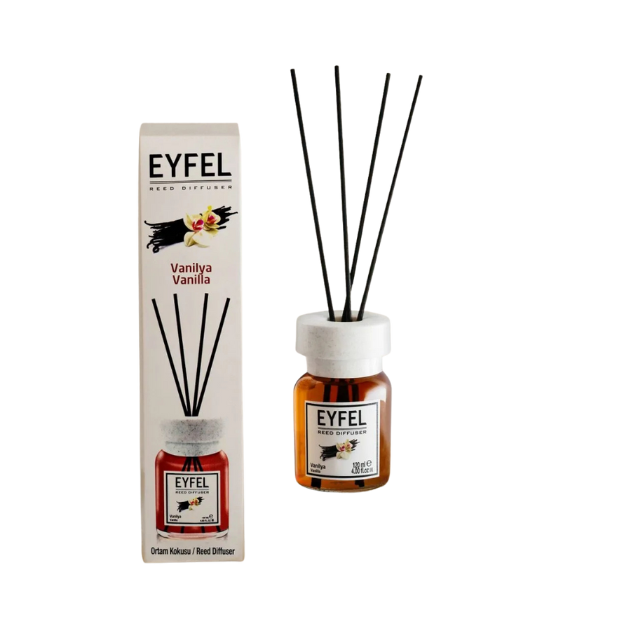 Eyfel Vanilla reed diffuser 120 ml glass bottle with black diffuser sticks and branded retail box
