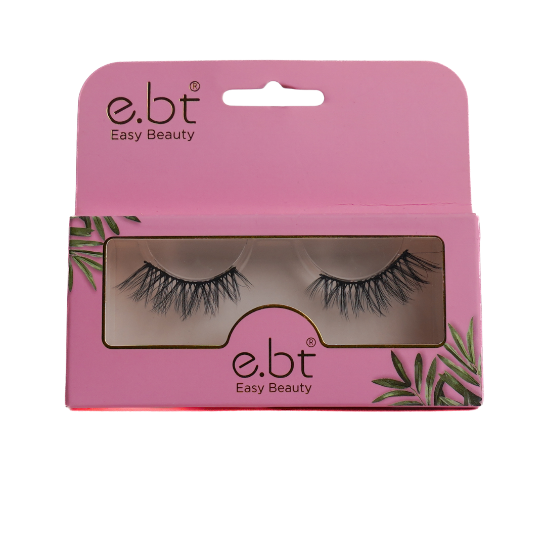 e.b.t Easy Beauty false eyelashes in pink box with clear window and green leaf graphics