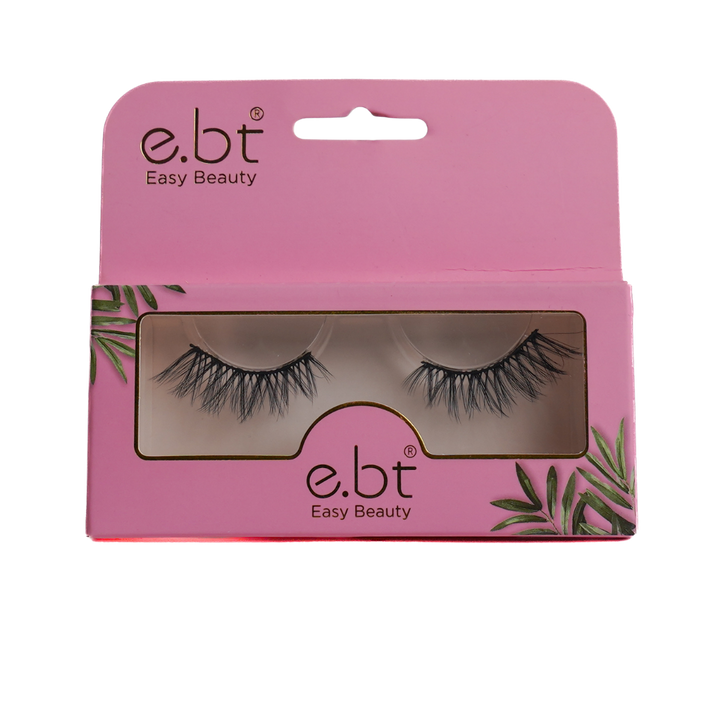 e.b.t Easy Beauty false eyelashes in pink box with clear window and green leaf graphics