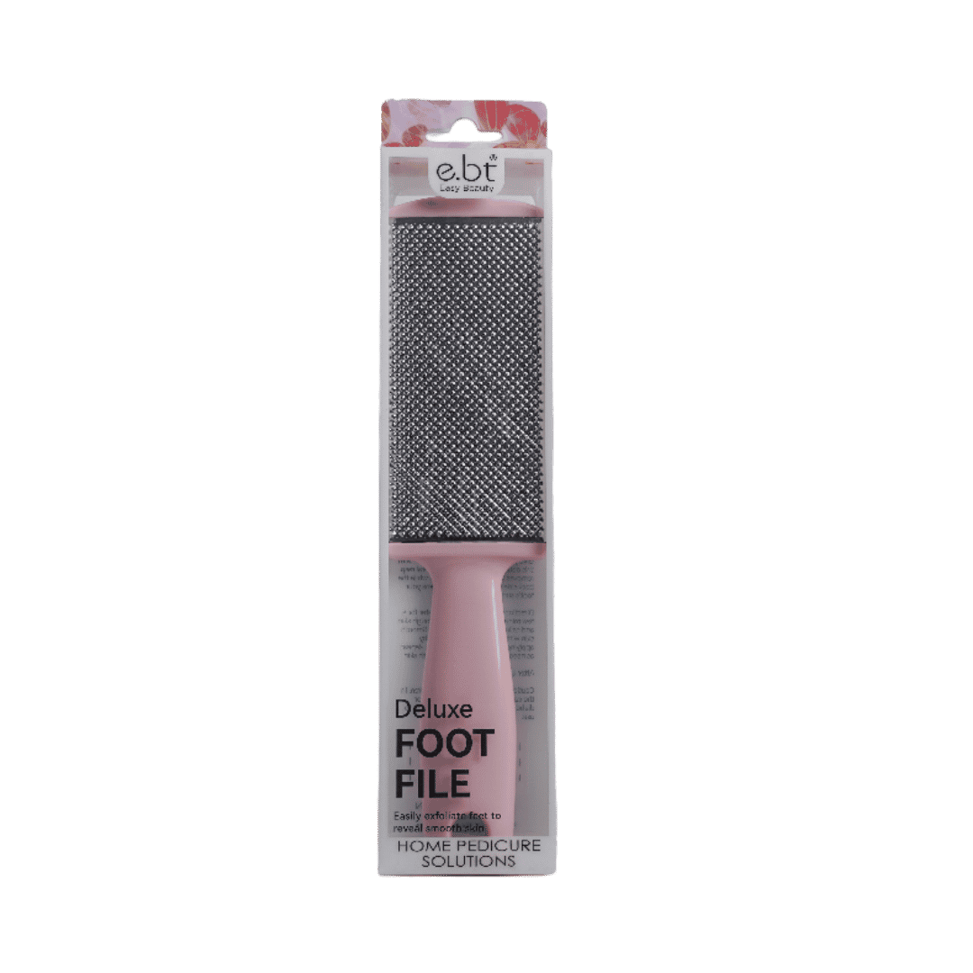 Easy Beauty Deluxe Foot File with pink handle and metal exfoliating surface in packaging