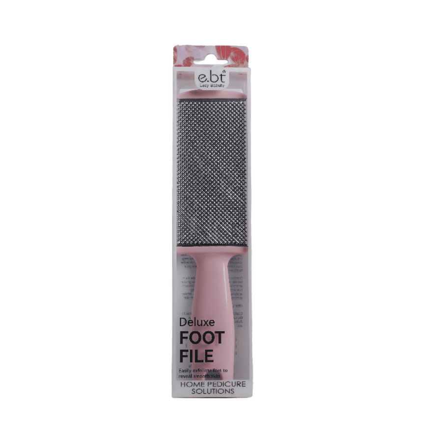Easy Beauty Deluxe Foot File with pink handle and metal exfoliating surface in packaging